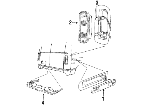 1990 Ford E-250 Econoline Club Wagon Rear Combination Lamps, License Lamps, Side Marker Lamps Combo Lamp Assembly Diagram for D5UZ-13405-A