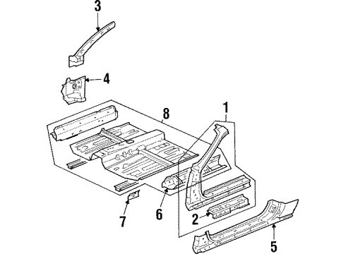 1995 Honda Civic del Sol Hinge Pillar, Rocker Panel, Floor & Rails Floor, FR. Diagram for 65100-SR2-A11ZZ