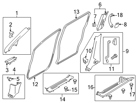 2015 Nissan Quest Interior Trim - Pillars, Rocker & Floor GARNISH Windshield Pillar Upper RH Diagram for 76913-1JA0A