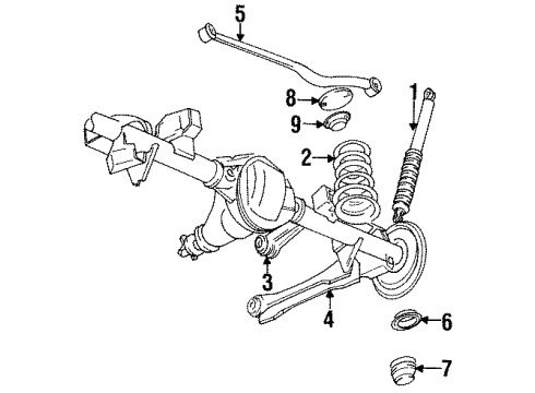 1998 Jeep Grand Cherokee Rear Suspension Components, Lower Control Arm, Upper Control Arm, Stabilizer Bar Rear Suspension Stop Bumper Rubber Diagram for 52087993