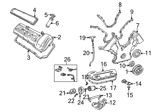 2004 Ford Thunderbird Engine Parts, Mounts, Cylinder Head & Valves, Camshaft & Timing, Variable Valve Timing, Oil Pan, Oil Pump, Crankshaft & Bearings Front Cover Gasket Diagram for XW4Z-6020-AA