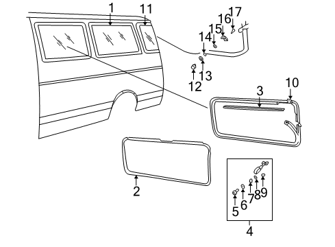 1994 Dodge B250 Side Panel - Glass & Hardware WEATHERSTRIP-Side Panel Rear Glass Diagram for 4354948AB
