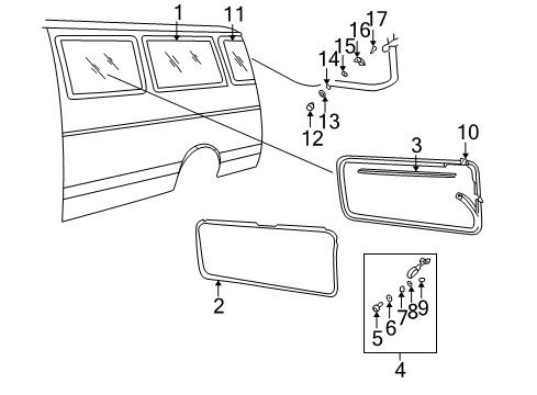 1994 Dodge B250 Side Panel - Glass & Hardware WEATHERSTRIP-Side Panel Rear Glass Diagram for 4354949