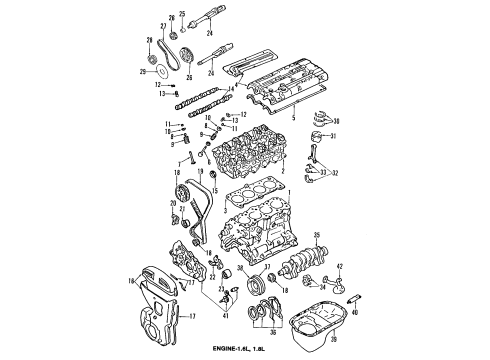 1994 Hyundai Elantra Engine Parts, Mounts, Cylinder Head & Valves, Camshaft & Timing, Oil Pan, Oil Pump, Balance Shafts, Crankshaft & Bearings, Pistons, Rings & Bearings Engine Support Bracket, Front Diagram for 21610-28400
