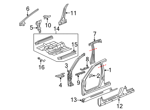 2010 Acura RL Center Pillar, Hinge Pillar, Rocker, Floor & Rails, Uniside Pillar Set, Left Front (Lower) (Inner) Diagram for 04676-SJA-A00ZZ