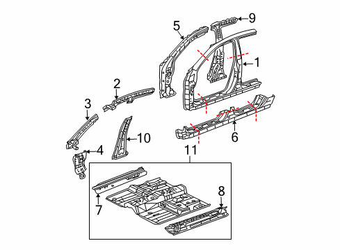2004 Acura TL Center Pillar, Hinge Pillar, Rocker, Floor & Rails, Uniside Pillar Set, Right Front (Lower) (Inner) Diagram for 04666-SEP-A00ZZ