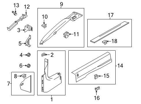 2015 Ford Mustang Interior Trim - Pillars, Rocker & Floor Weatherstrip Pillar Trim Diagram for FR3Z-7603598-BB