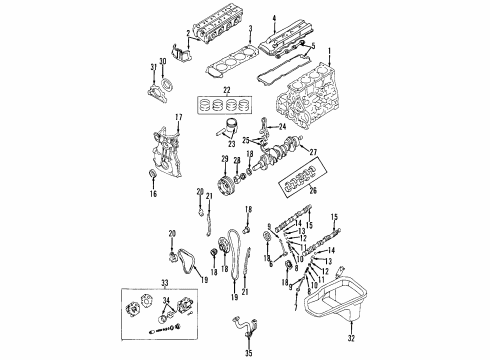 Diagram for 2001 Nissan Xterra Engine Parts, Mounts, Cylinder Head & Valves, Camshaft & Timing, Oil Pan, Oil Pump, Crankshaft & Bearings, Pistons, Rings & Bearings 