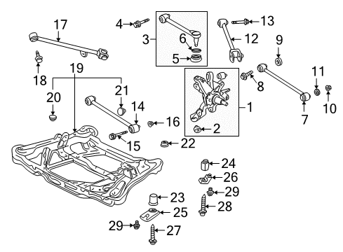 2000 Honda Accord Rear Suspension Components, Lower Control Arm, Upper Control Arm, Stabilizer Bar Insulator F, Sub-Frame Mounting (Lower) Diagram for 50352-S87-A00