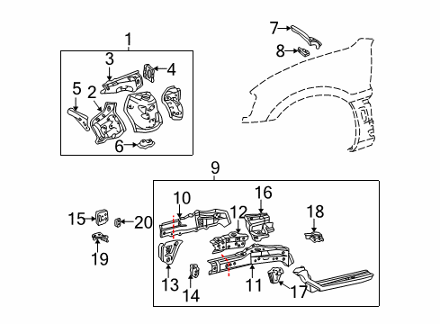 2001 Toyota RAV4 Structural Components & Rails Upper Brace Protector Diagram for 53699-42030