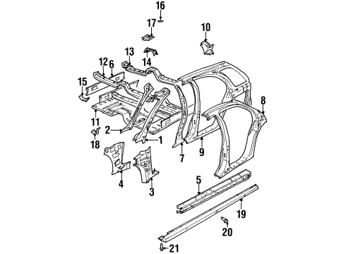 1998 Saturn SW2 Center Pillar, Hinge Pillar, Rocker, Exterior Trim, Floor & Rails Panel Asm, Floor Diagram for 21123631