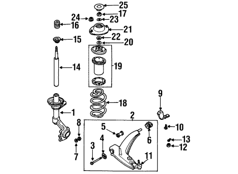 2002 Daewoo Lanos Front Suspension Components, Lower Control Arm, Stabilizer Bar Cup, Front Suspension Strut Bearing Support Diagram for 90079042