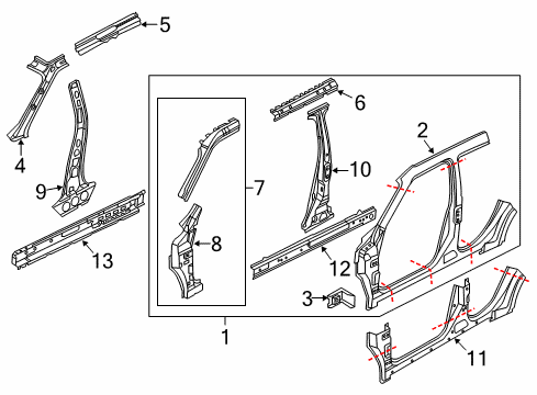 2013 Nissan Juke Aperture Panel, Center Pillar & Rocker, Hinge Pillar SILL Inner LH Diagram for 76451-1KM0A