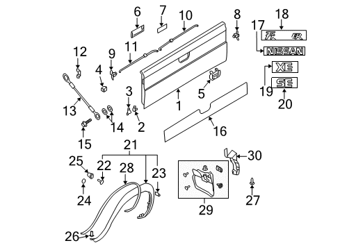 1998 Nissan Frontier Tail Gate, Exterior Trim Clip Diagram for 01553-02923