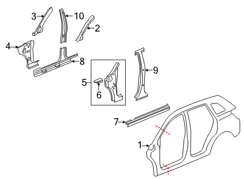 2009 Saturn Vue Center Pillar, Hinge Pillar, Rocker, Uniside Weatherstrip Pillar Reinforcement Diagram for 96474346