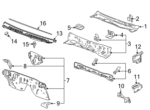 2012 Chevrolet Colorado Cab Cowl Cowl Grille Retainer Diagram for 10174221