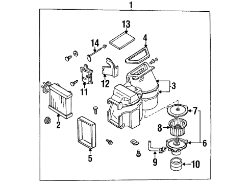 1994 Nissan Quest A/C Evaporator & Heater Components Motor W/FAN Diagram for 27220-0B025