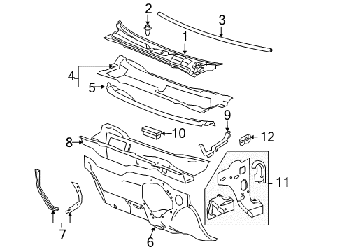 2009 Pontiac G6 Cowl Panel Kit-Body Hinge Pillar Inner Diagram for 15816776