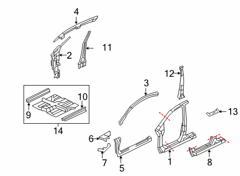 2010 Honda Civic Aperture Panel, Center Pillar, Floor & Rails, Hinge Pillar, Rocker Floor, FR. Diagram for 65100-SNA-A01ZZ