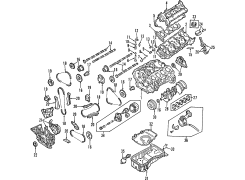 2000 Infiniti Q45 Engine Parts, Mounts, Cylinder Head & Valves, Camshaft & Timing, Oil Pan, Oil Pump, Crankshaft & Bearings, Pistons, Rings & Bearings Guide-Chain, Slack Side Diagram for 13091-1P105
