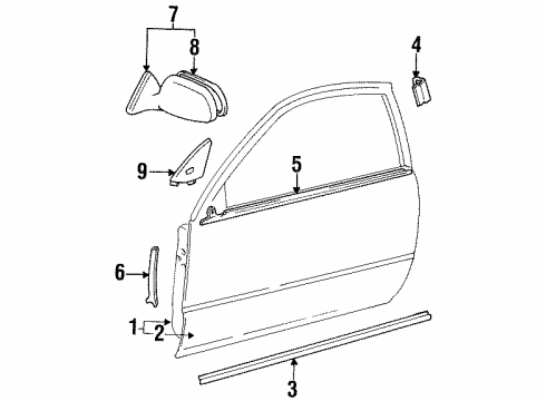 1995 Toyota Paseo Door & Components, Outside Mirrors Moulding Assy, Front Door Belt, LH Diagram for 75720-16160