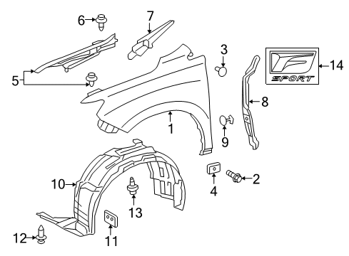2015 Lexus RX450h Fender & Components, Exterior Trim Shield Sub-Assembly, Fender Diagram for 53805-0E100