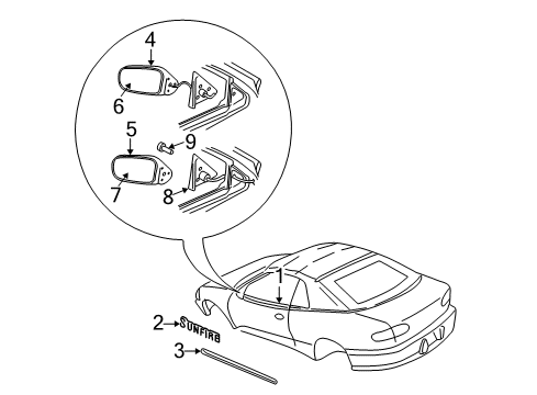1996 Pontiac Sunfire Outside Mirrors, Exterior Trim Mirror Asm, Outside Rear View-RH (Manual) Diagram for 88892498