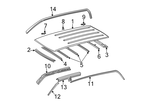 2005 Toyota Sequoia Roof & Components Roof Bow Diagram for 63144-0C010
