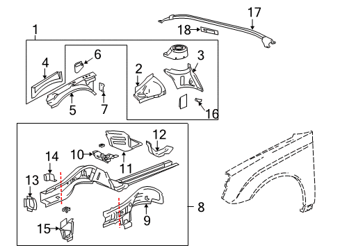 2007 Chevrolet Malibu Structural Components & Rails Lower Rail Assembly Diagram for 20861874