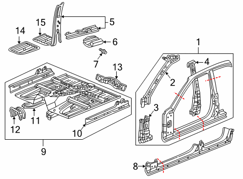 1999 Acura RL Center Pillar, Hinge Pillar, Rocker, Floor & Rails, Uniside Floor, Front Diagram for 65100-SZ3-A02ZZ