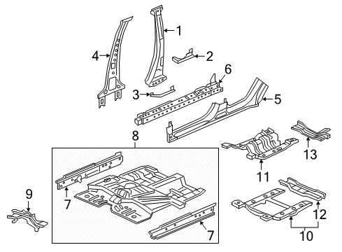 2018 Honda HR-V Center Pillar, Rocker, Floor & Rails Frame, FR. Floor Diagram for 74610-T7X-A00