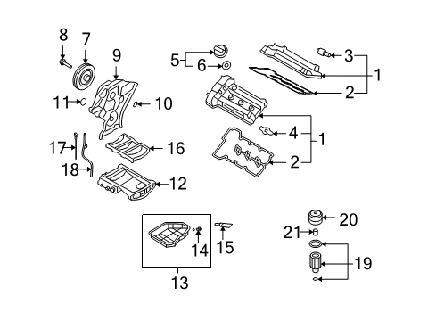 2010 Hyundai Sonata Engine Parts, Mounts, Cylinder Head & Valves, Camshaft & Timing, Variable Valve Timing, Oil Pan, Oil Pump, Balance Shafts, Crankshaft & Bearings, Pistons, Rings & Bearings Plate-Baffle Diagram for 22402-3C120