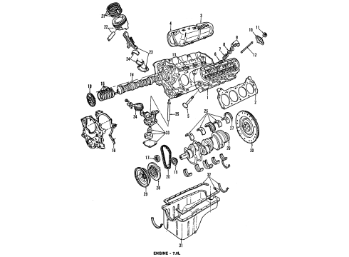 1997 Ford F-350 Engine Parts, Mounts, Cylinder Head & Valves, Camshaft & Timing, Oil Cooler, Oil Pan, Oil Pump, Crankshaft & Bearings, Pistons, Rings & Bearings Oil Pan Diagram for F7TZ-6675-BBB