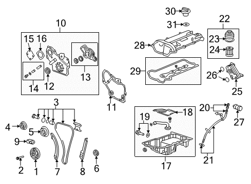 2009 Pontiac Solstice Engine Parts, Mounts, Cylinder Head & Valves, Camshaft & Timing, Variable Valve Timing, Oil Pan, Balance Shafts, Crankshaft & Bearings, Pistons, Rings & Bearings Cap Asm-Oil Filler Diagram for 12594232