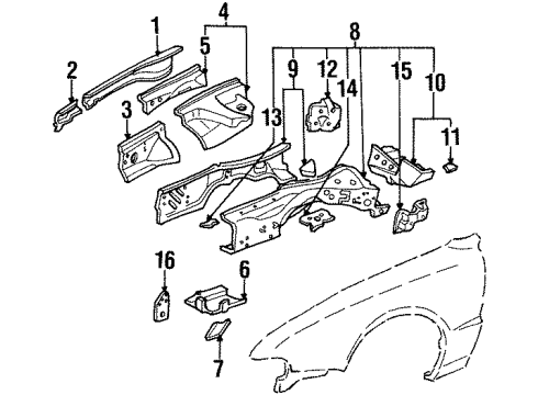 1995 Honda Prelude Structural Components & Rails Extension, L. FR. Wheelhouse Member (Upper) Diagram for 60714-SS0-300ZZ