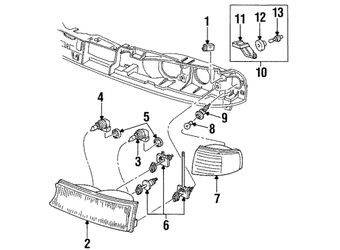 1996 Ford Contour Headlamp Components, Fog Lamps, Park Lamps Lens & Housing Diagram for F5RZ13007B
