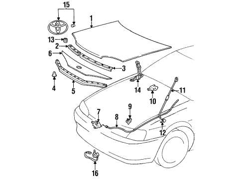 1995 Toyota Paseo Hood & Components Support Rod Retainer Clip Diagram for 53454-16010