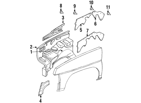 1988 Nissan D21 Inner Components - Fender Cover Splash HOODLEDGE RH Assembly Diagram for 64836-01G00