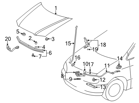 1999 Toyota Sienna Hood & Components Support Rod Clamp Diagram for 53454-08010