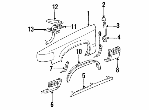 1993 Cadillac Fleetwood Fender & Components Molding Kit, Front Fender Front Diagram for 12513235