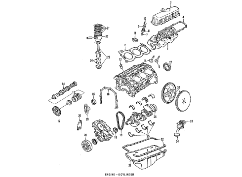 1989 Merkur Scorpio Engine Parts, Mounts, Cylinder Head & Valves, Camshaft & Timing, Oil Pan, Oil Pump, Crankshaft & Bearings, Pistons, Rings & Bearings Rocker Arms Diagram for E9RY-6584-B