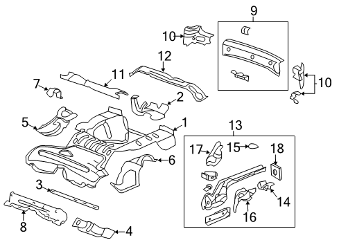 2008 Chevrolet HHR Rear Body - Floor & Rails Support Asm-Battery Tray Diagram for 15776722