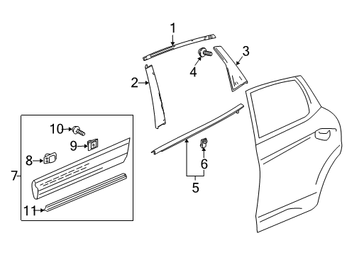 2014 Honda Crosstour Exterior Trim - Rear Door Garnish, L. RR. Door Center Pillar Diagram for 72970-TP6-A00