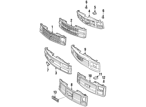 1994 Chevrolet K1500 Grille & Components Grille, Front Diagram for 15981106