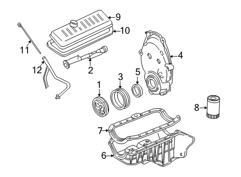 2002 GMC Sierra 1500 Engine Parts, Mounts, Cylinder Head & Valves, Camshaft & Timing, Oil Pan, Oil Pump, Balance Shafts, Crankshaft & Bearings, Pistons, Rings & Bearings Dipstick Diagram for 12555563