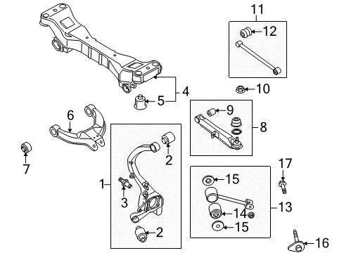 2005 Kia Amanti Rear Suspension Components, Lower Control Arm, Upper Control Arm, Stabilizer Bar Pillow Ball Bush Assembly Diagram for 551303F000