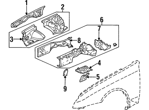 1997 Honda Prelude Structural Components & Rails Outrigger Set, R. FR. Side Diagram for 04600-S30-A00ZZ