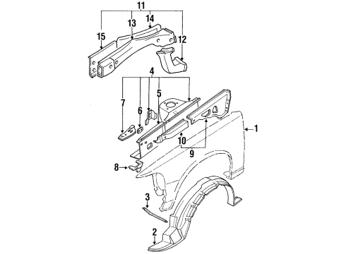 1990 Nissan Maxima Fender & Components, Structural Components & Rails Protector-Front Fender RH Diagram for 63842-85E00