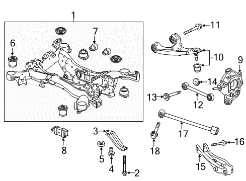 2019 Honda Pilot Rear Suspension Components, Lower Control Arm, Upper Control Arm, Stabilizer Bar Damper, RR. Sub-Frame Dynamic Diagram for 50410-TG7-A01