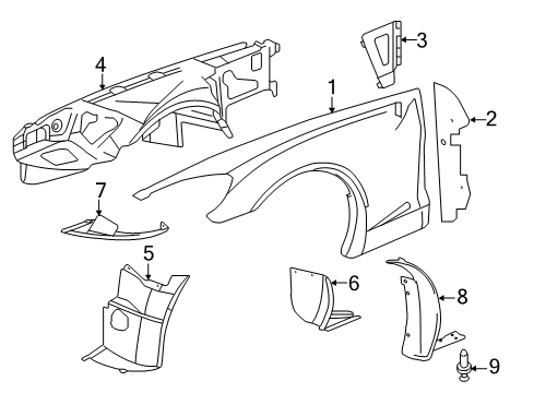 2010 Chevrolet Corvette Fender & Components Liner-Front Wheelhouse Front Diagram for 15834373